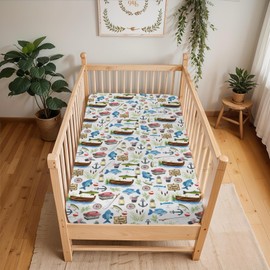 Gone Fishing Baby Crib Sheets for Boy Girl 28"x52" Fishing Lover Gift Soft Snug Fitted Crib Mattress Cover Camping Adventure Vacation Outdoors Baby Sheet for Standard Crib & Toddler Bed Mattresses