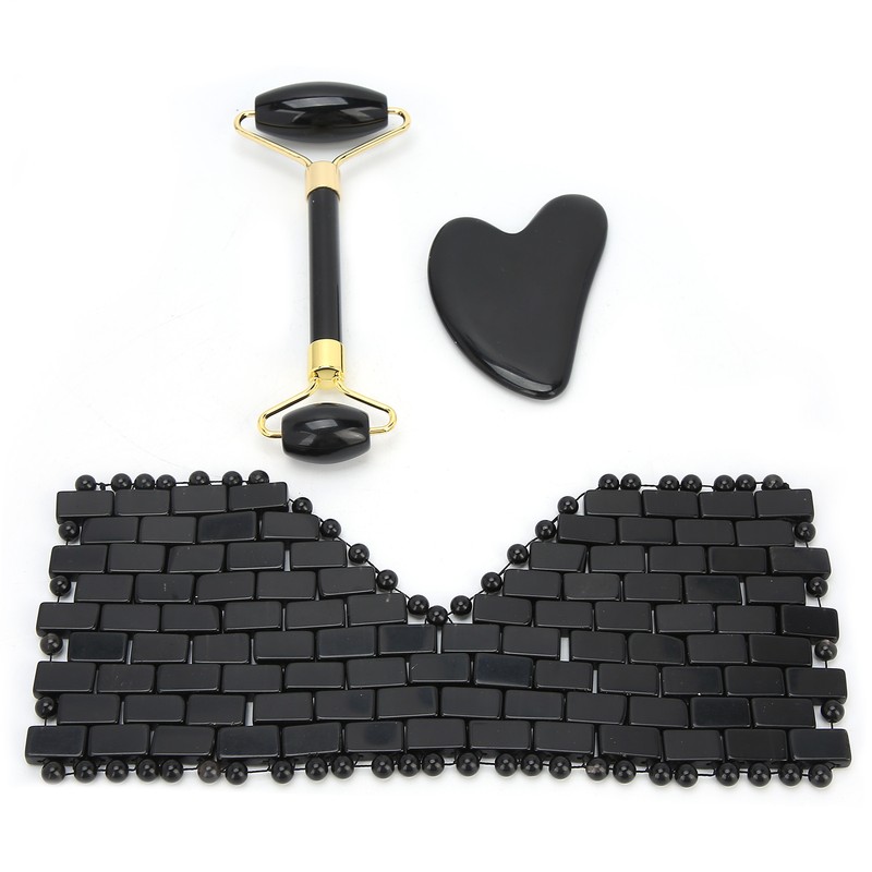 3pcs Obsidian Facial Roller Gua Sha Board Therapy Blindfold Beauty