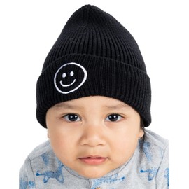 Funky Junque Infant Baby Smiley Face Beanie (No Pom) - Black