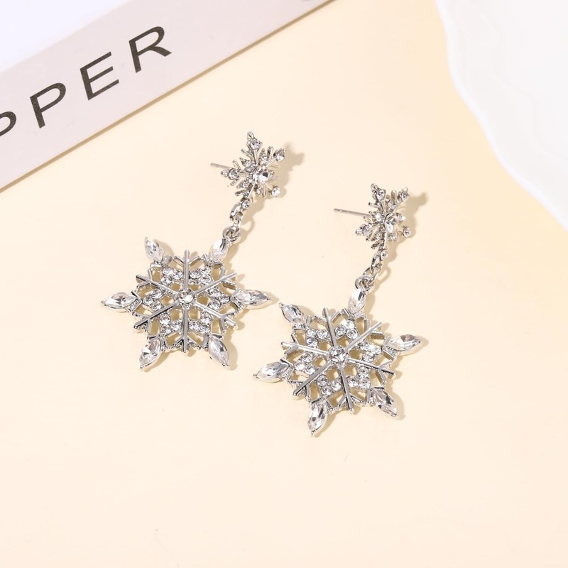 Christmas Snowflake Earrings Winter Holiday Rhinestone Snowflake Flower Drop Dangle