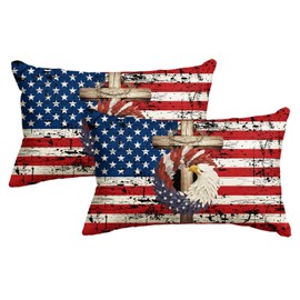 AVOIN colorlife 4th of July Patriotic Stars Eagle Wreath Throw Pillow Cover, 12 x 20 Inch Memorial Day Independence Day Stripes America Flag Decor Cushion Case for Sofa Couch Set of 2