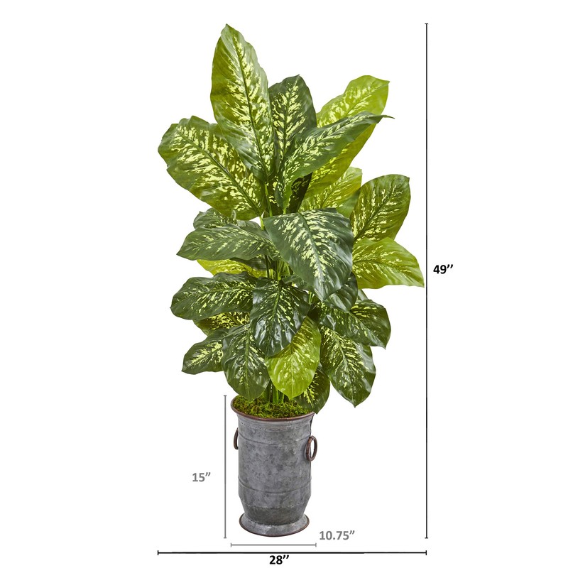 Nearly Natural 49in. Dieffenbachia Artificial Vintage Metal Planter (Real Touch)