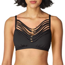 kensie Women's Solid Beaded Necklace Bikini Top, Black, Small