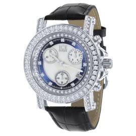 Ice House Blue &White Solitaire Dial 14K White Tone Real Diamond Leather Band Watch W/Date