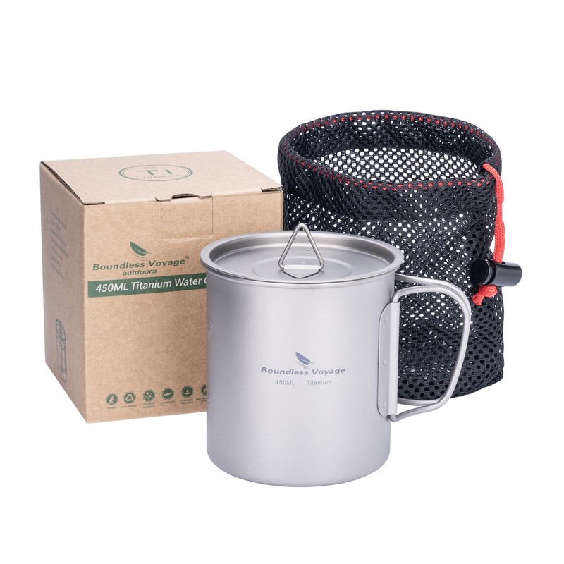 Boundless Voyage Single Walled Titanium Cup with Lid Folding Handle