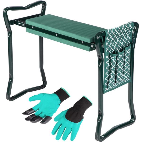 Abco Tech Garden Stool & Kneeler - Kneeler & Stool for Gardening, Foldable Garden Seat for Storage, Garden Kneelers for Seniors, Great Gardening Gifts for Women, Bench Comes with Tool Pouch & Gloves