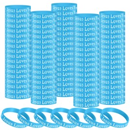 Arrowbash 50 Pcs Jesus Loves You Silicone Wristbands Christian Motivational Rubber Bracelets Religious Inspirational Bracelet Church Gifts for Men Women Party Favors Novelty Jewelry(Blue)