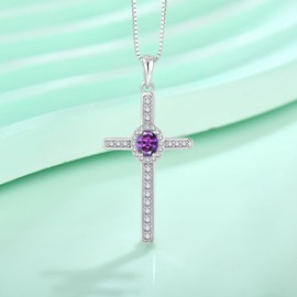 Blaniy Cross Necklace 925 Sterling Silver Oval Amethyst Pendant February Birthstone Necklace Christian Religious Jewelry Gifts for Women