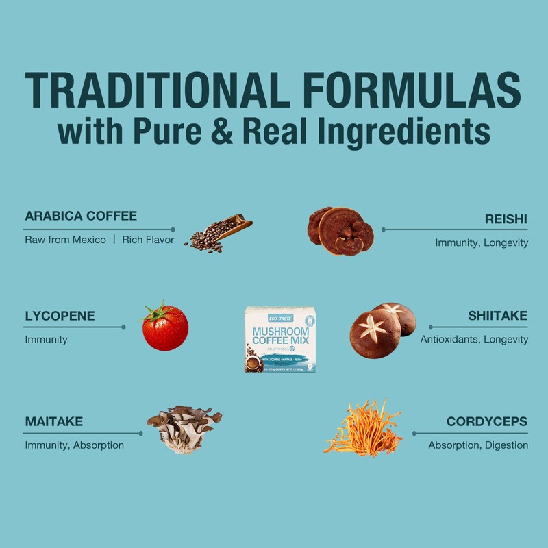 ECO-TASTE Mushroom Coffee Mix, Designed for Immunity with Lycopene, Maitake,