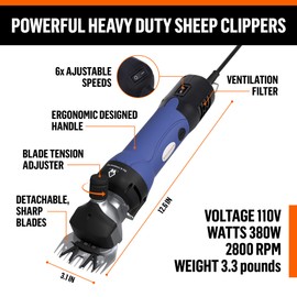 Sheep Shears Electric Clippers 2500RPM, 6-Speed Control - Heavy Duty Livestock Grooming Kit for Sheep, Goats, Alpacas, Llamas - Case, Low Vibration, 18.3ft Cord (2 Blades Included)
