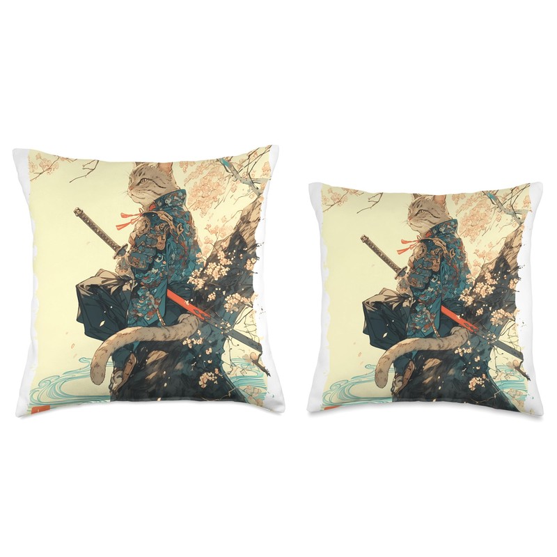 Samurai Cat - Japan Warrior Katana Power Throw Pillow