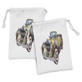 Lunarable Man Cave Fabric Pouch Set of 2, Antique Obsolete Classical Car Graphic Style Automobile Vehicle Engine Nostalgia, Small Drawstring Bag for Toiletries Masks and Favors, 9" x 6", Multicolor
