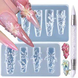 MOLILON 3Pcs Silicone Nail Art Molds with White Press Pen, 3D Flowers Nails Molds - Lily Floral Design for Resin/Gel Nail Art, Transparent Reusable Mold for Women DIY Manicure Salon & Home Use