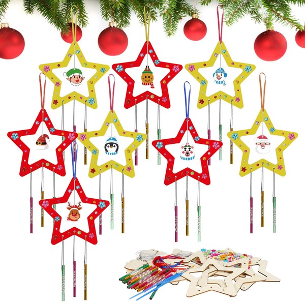 WEDNOK 8 Pack Christmas Wind Chime Kit for Kids Make Your Own Christmas Star Wind Chime for Girls Boys DIY Coloring Christmas Craft Ornaments for Xmas Tree Party Decoration