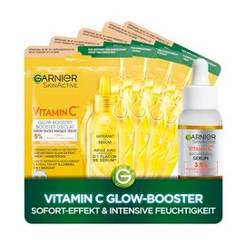 Garnier Vitamin C Glow-Booster: 5 Tuchmasken für den Sofort-Effekt & intensive Feuchtigkeit + Serum zur Verbesserung des Hautbilds - Reduziert Pigmentflecken, verfeinert Poren & sorgt für Strahlkraft!