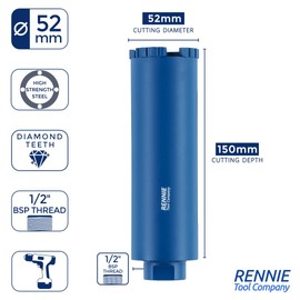 52mm x 150mm Long Diamond Core Drill Bit. To Be Used In Concrete Masonry Brick Block Stone Granite. Diamond Drill Bit Core Drill. 1/2" BSP Thread. For Wet Or Dry Drilling