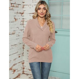 IECCP Women's Jumpers V Neck Long Sleeve Tops Women Solid Color Pullover Lapel Knit Sweater Khaki XL