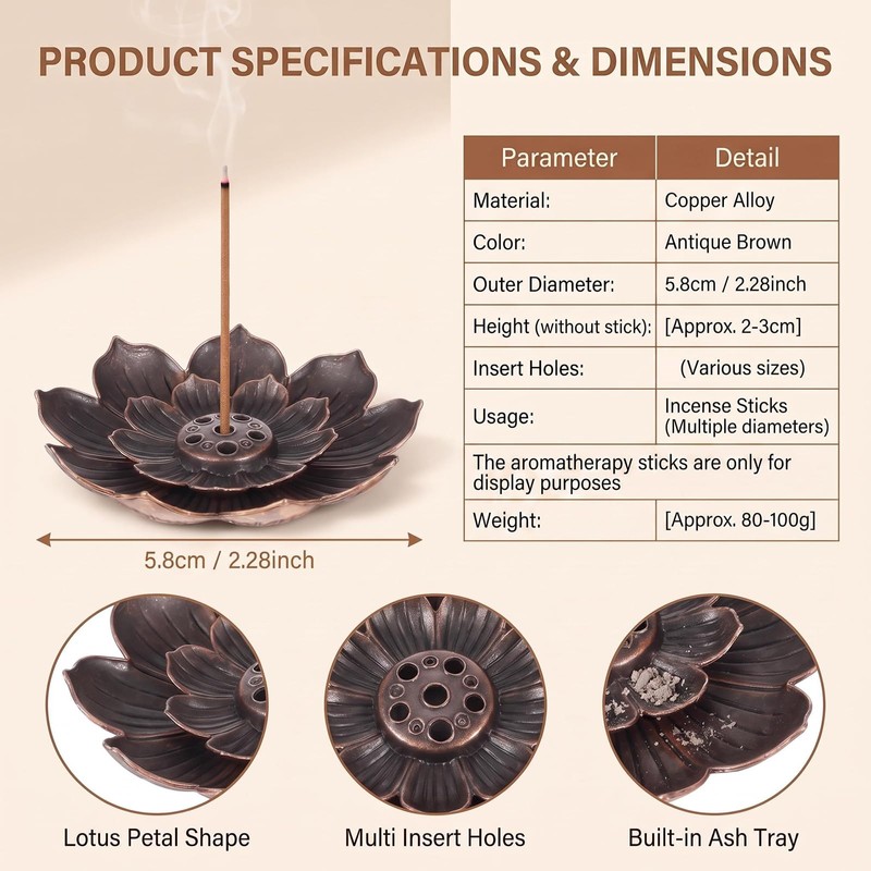 6Pcs 2.28 Inch Black Lotus Shape Zinc Alloy Incense Stick