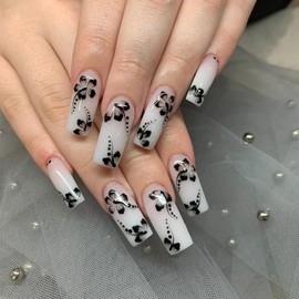 Long Square Press on Nails Black Flower Fake Nails with Designs 24 Pcs Natural Reusable Acrylic Nail Full Cover Stick on Nail for Floral Lover Women Wedding Party No Glue WYFHDT