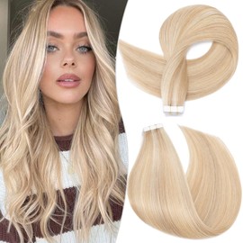 S-noilite Tape In Human Hair Extension Ash Blonde Highlights Bleach Blonde 20pcs 30g Set Double Side Invisible Remy Tape Hair Extension Silky Straight Skin Weft Seamless (22",#18P613)
