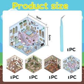 Cosmeria 4 Sets DIY 3D House Sticker Set Type A Supermarket Coffee House Bookshop Restaurant + 1 Tweezers Creative Scene Fun Stacking