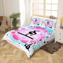 Gymnastics Bedding Set Gymnastics Lovers Girls Bedding Duvet Cover Set Gymnast Silhouettes Comforter Cover Set Pink Blue Tie Dye Bedspread Cover Bedroom Quilt Cover 2Pcs Twin,No Comforter