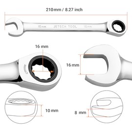 Jetech Llave combinada de carraca de 16mm, llave de engranaje de grado industrial con diseño de 12 puntas, carraca de 72 dientes, fabricada con acero Cr-V forjado y tratado térmicamente en cromado, sistema métrico