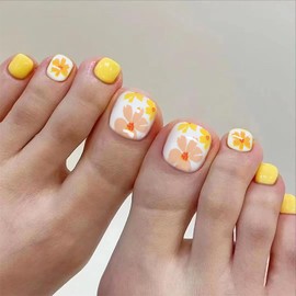 24 Pcs Flower Press on Toenails Short Yellow Floral Fake Toe Nails Square Summer Daisy False Toenails Design Flowers Acrylic Toenails Supplies for Women Nail Decoration