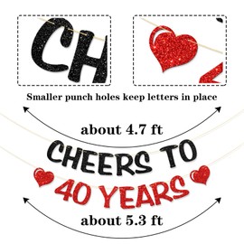 Cheers to 40 Years Banner - Women Men 40th Birthday Party Garland Supplies - Happy 40th Anniversary Party Decorations - Red & Black Glitter