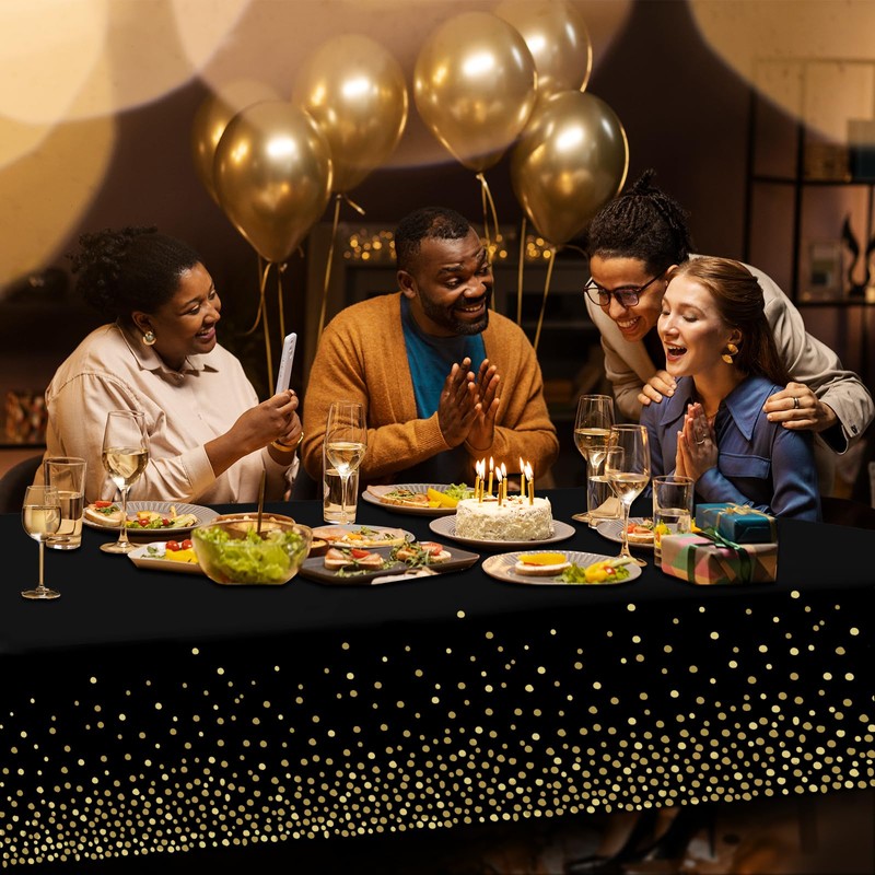 Party Tablecloths, Black Disposable Tablecloth with Gold Polka Dot Garden