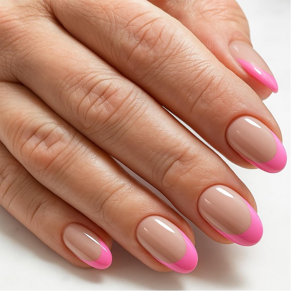 24 Pcs Hot Pink French Tip Press On Nails, Neon