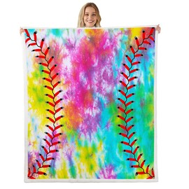 Feelyou Kids Baseball Plush Blanket Boys Girls Softball Sports Game Fleece Throw Blanket Girly Colorful Tie Dye Sherpa Blanket Teens Men Baseball Gaming Fuzzy Blanket for Sofa, Rainbow Decor Twin 60x80 Inch