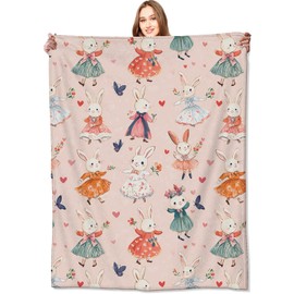 VODRM Bunny Blanket,50x60in,Cute Bunnies in Dresse Pink Throw Blankets,Gifts for Kids Girls Women & Animal Lovers, Lightweight Soft Fleece Cozy,for Sofa Couch Bed Room Whimsical Decor