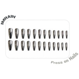 IMRAIN Press on Nails Long Coffin Nails Metal Mirror Fake Nails Glossy Acrylic Artificial False Nails Full Cover Gel Glue on Nails Silver Ballerina Nails Stick on Nails for Women 24Pcs