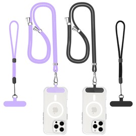 NeeKoDoLee Phone Lanyard, Crossbody Multifuctional Lanyards Around the Neck, 2x Long Lanyard, 2x Wrist Strap Phone and 2x Tether Pads Compatible with Most Smartphones BlackPurple