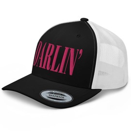 RIVEMUG NG Darlin' Embroidered Curved Bill Trucker Hat Mid Crown Adjustable Cap for Women Black/White