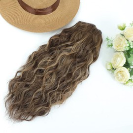 FINE PLUS Ponytail Extension, Claw Clip in Ponytail Hair Extensions Synthetic 18inch Curly Wave Hair Pieces for Women Light Brown with Highlights