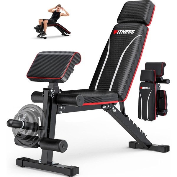 Foldable Workout Bench with Leg Extension, Adjustable Weight Bench w/Preacher