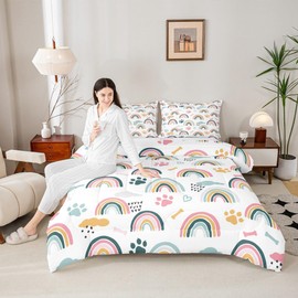 Girls Rainbow Comforter Set Full Size,Cartoon Dog Paw Print Cloud Bones Pattern Bedding Set for Kids Boys Teens Room Decor,Lovely Pet Animal Theme Quilt Set Pink Blue White Duvet Insert 3Pcs