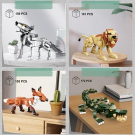KAZI Wild Animals Building Toys Set,Fox Toy, Lion Toy,Wolf Toy,Crocodile Toy,Forest Animal Building Kit,Creative Play and Display Gift Idea for Boys and Girls Ages 8 Years Old and Up