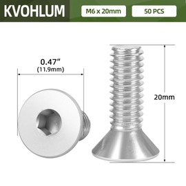 50 PCS M6 x 20mm Flat Head Socket Cap Screws Bolts, Countersunk Allen Bolts, Stainless Steel 304, Full Thread, Bright Finish, Screwdriver Included