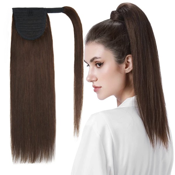 MY-LADY Ponytail Extension Human Hair 18 Inch Medium Brown Wrap Around Drawstring Real Remy Hair Ponytail Long Straight Pony Tail for Women Kids Clip in Hairpiece 90g
