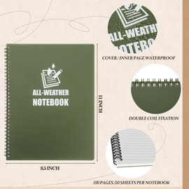 3 Pcs Waterproof Notebook 8.5" x 11" All Weather Side Spiral Note Books Waterproof Ruled Notepad Sketchbook for Outdoor Activity Recording, Green Cover, Brown Cover Black Cover