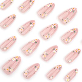 24Pcs Spring Summer Flower Press on Nails Almond Fake Nail Medium Flowers Nails Tips Full Cover Glossy Nude Acrylic Nails Cute Small Floral Stick on Nails for Women Girls