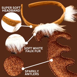 Needzo Reindeer Antler Headband for Kids and Adults, Christmas 2024 Hair Accessories for Holiday Parties, One Size Fits Most (Sparkly Brown)