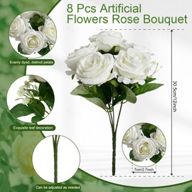 Nagobi Artificial Roses Bouquets - 8 Bundles Fake Silk Flowers Realistic Faux Florals Bulk for Wedding Bridal Party Baby Shower Event Home Arrangements Centerpieces Decorations (White)