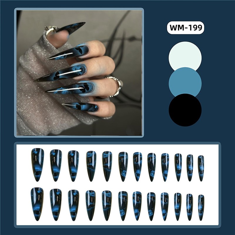 Dark Blue Almond Tip Press on Nails Extra Long Black