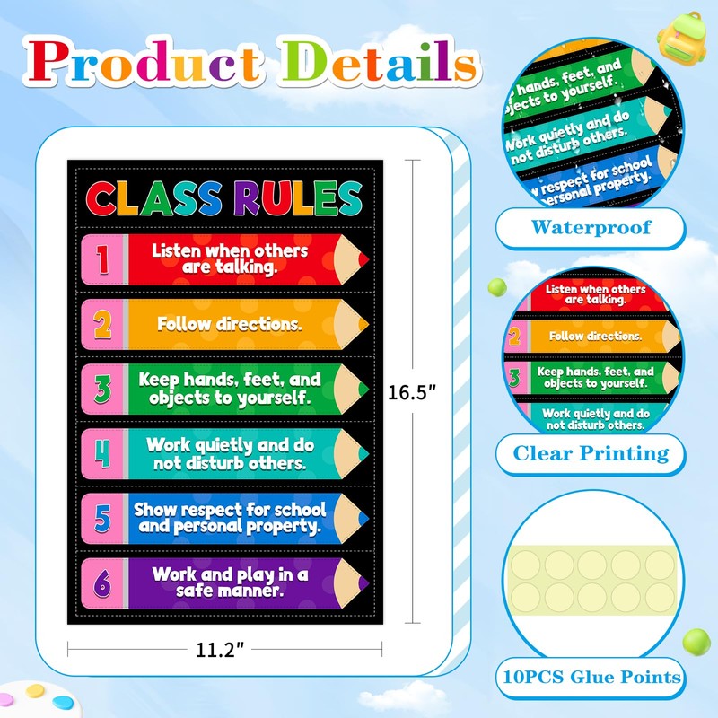 D4DREAM Classroom Rules Poster - 11.2''x16.5'' Colorful Classroom Educational Poster