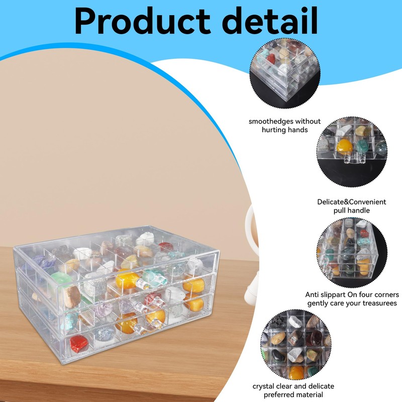 Dmnnlp Rock Display Case with 3 Drawers and 72 Grids,