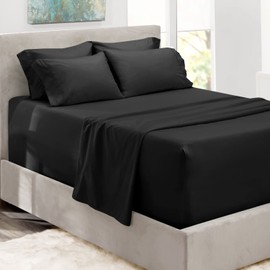 Hearth & Harbor Bed Sheets, Luxury Soft 6 Piece Bed Sheet Set Extra Deep Pocket Fitted Sheets Fits Mattress up to 21", Double Brushed Bedding Sheets & Pillowcases, Queen Size, Black